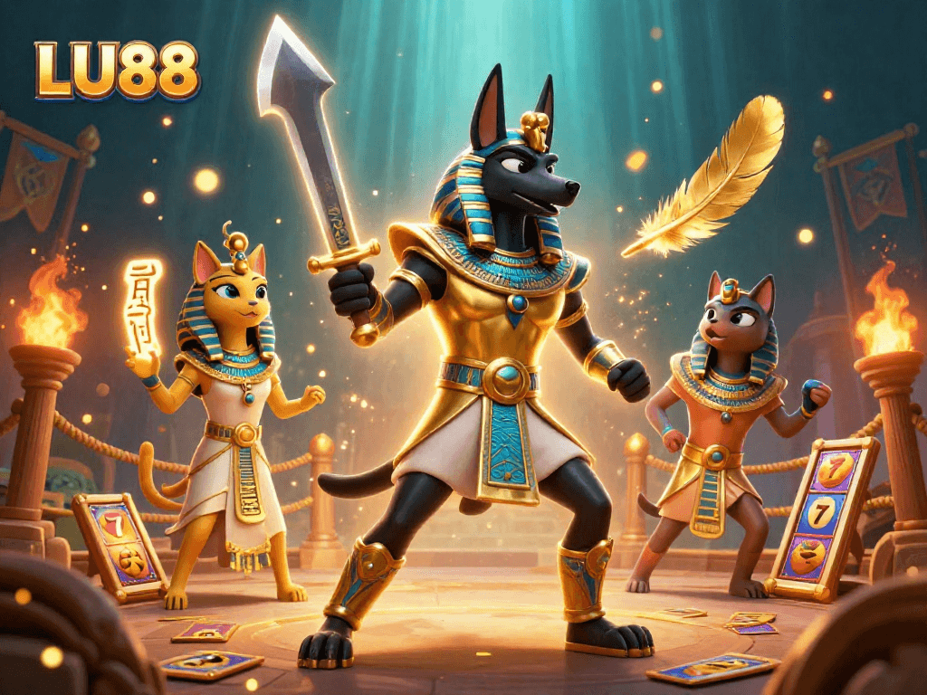 LU88 immersive 3D casino scene featuring Anubis and Bastet in a vibrant gambling setting.