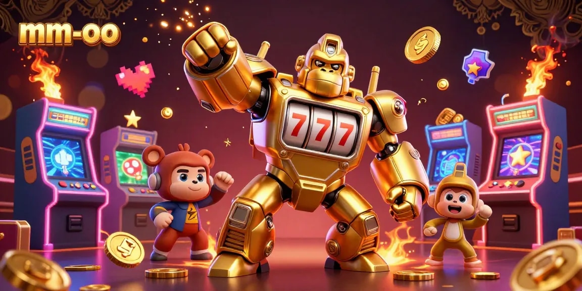 Experience mm-oo's dynamic slots with the golden gorilla mech shooting coins, bringing winning thrills to life.