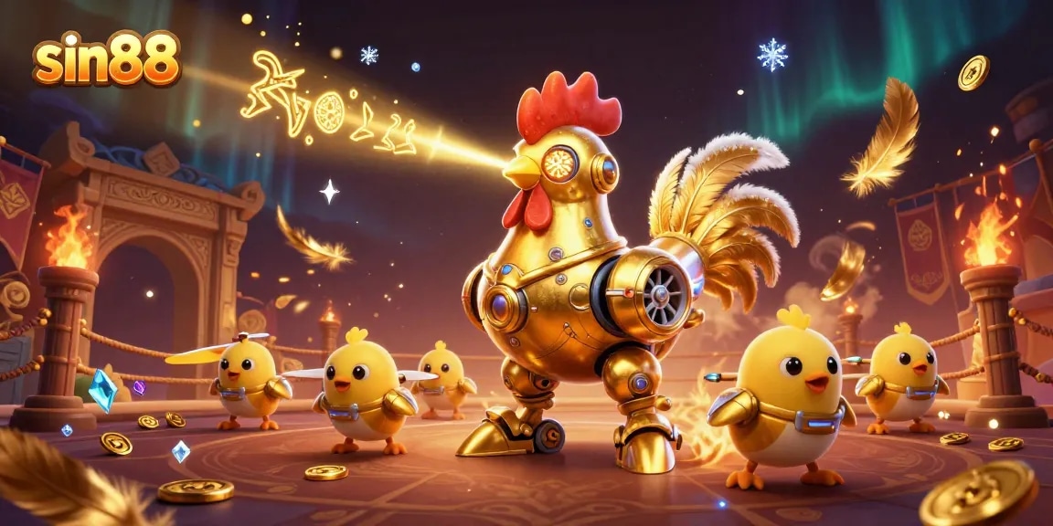 Experience thrilling games at sin88 with a vibrant scene featuring a golden rooster robot and engaging gaming elements.