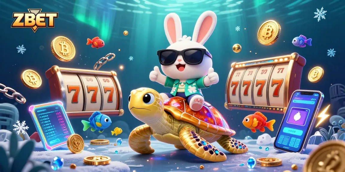 ZBET offers an exciting gambling experience with colorful elements like slot machines and crypto coins.