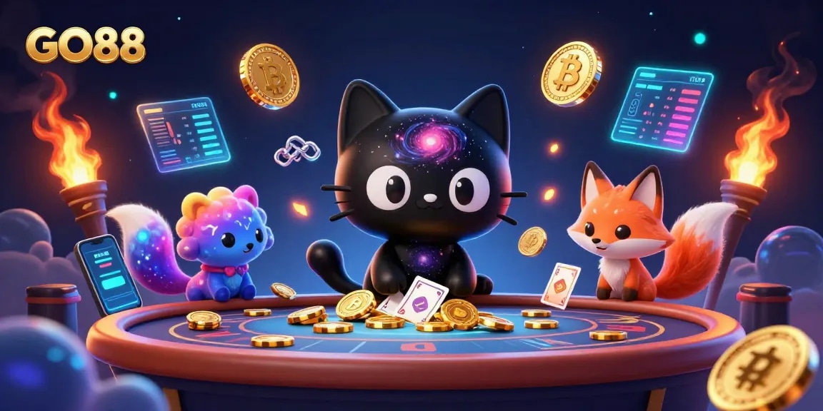 Experience thrilling gameplay with GO88 at a cosmic casino, featuring a black hole cat and colorful nebula fox.