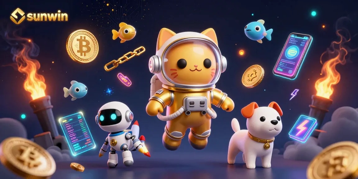 Engage with sunwin through vibrant gaming elements like 3D coins, characters, and cosmic visuals.