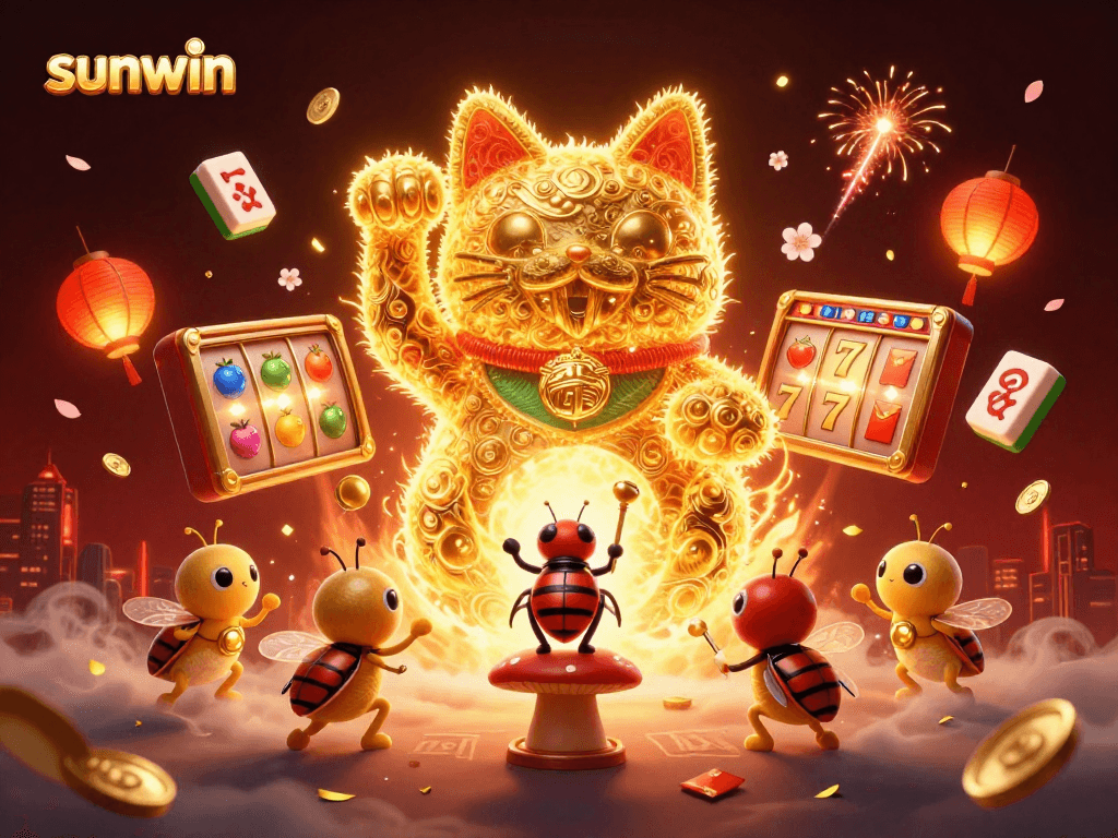 Experience the thrill of sunwin's gaming universe with vibrant casino symbols featuring a lucky cat.