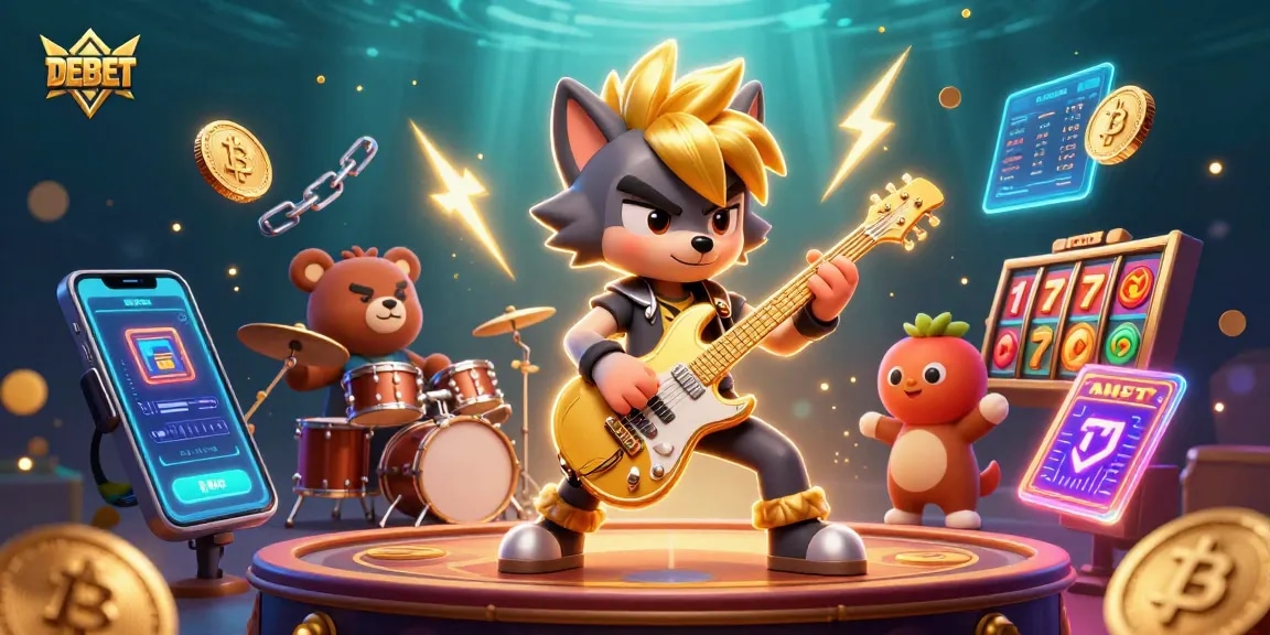 Experience thrilling gaming action with DEBET as a rock star wolf shreds on stage, surrounded by vibrant slot machine elements and crypto coins.