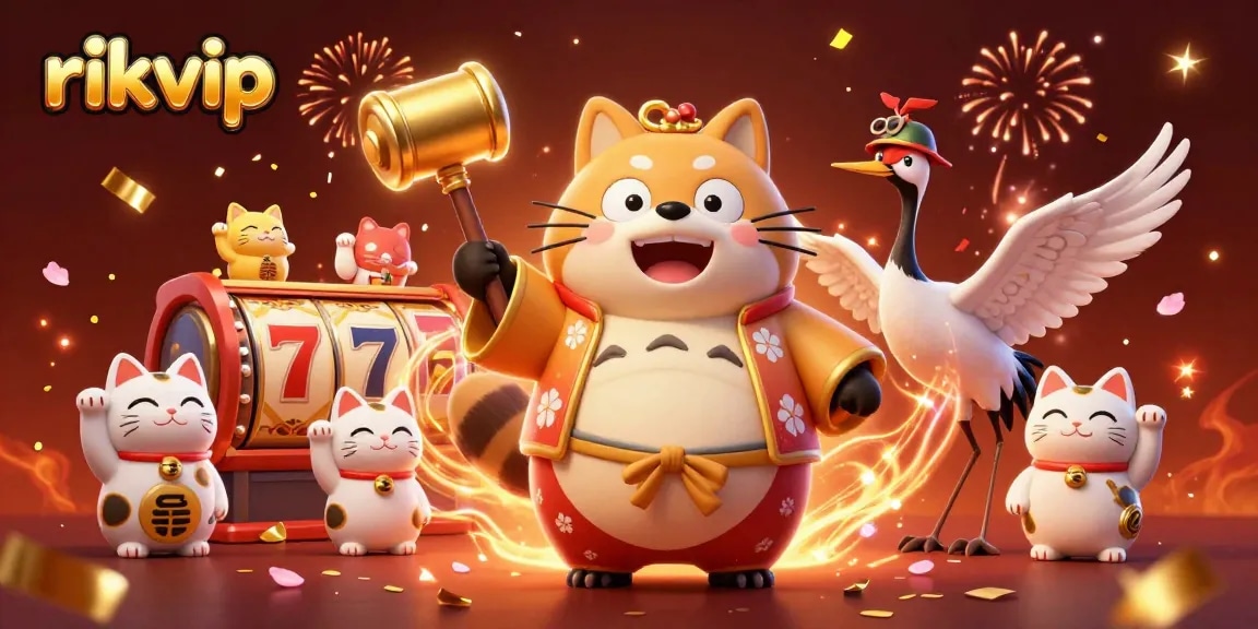 Experience the excitement of rikvip with cheerful characters celebrating around slot machines and festive elements.