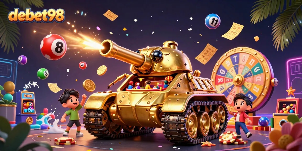 Experience the vibrant world of debet98 with dynamic casino elements and a golden beetle tank.