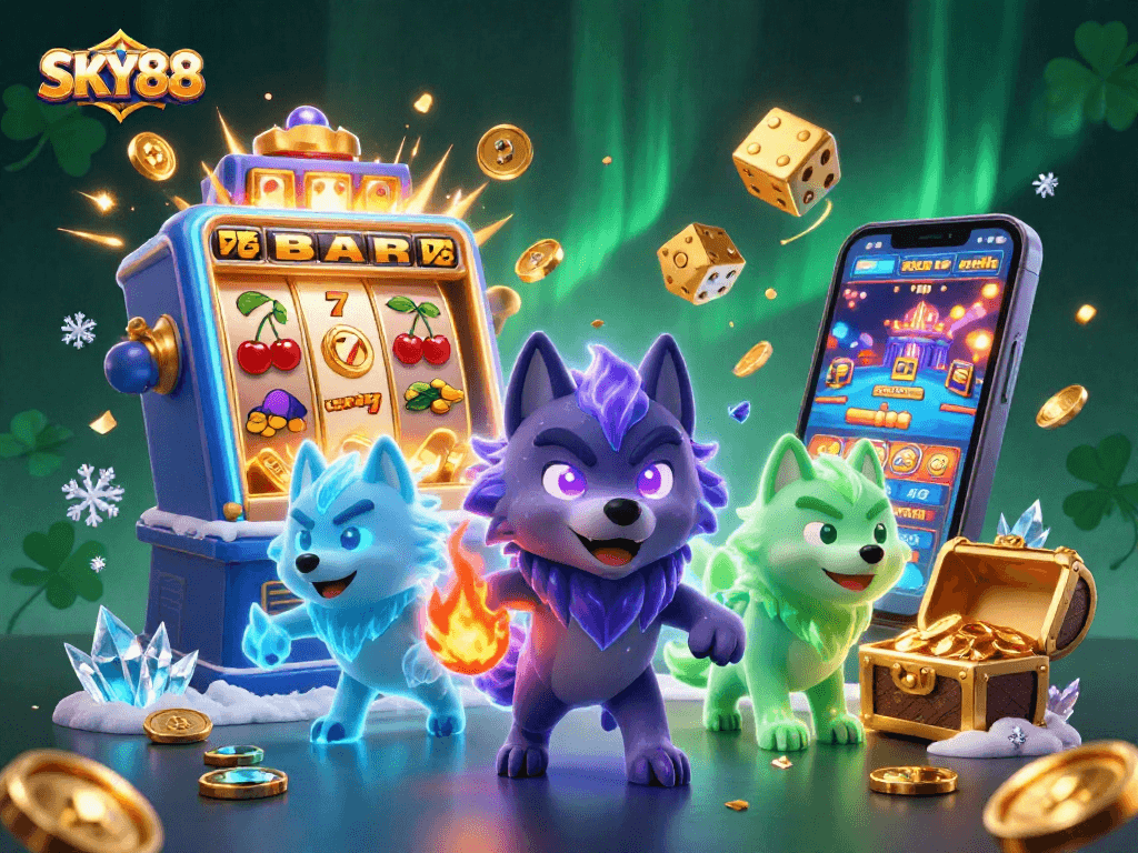 Spin the reels and win big with SKY88 in this vibrant casino-themed illustration.
