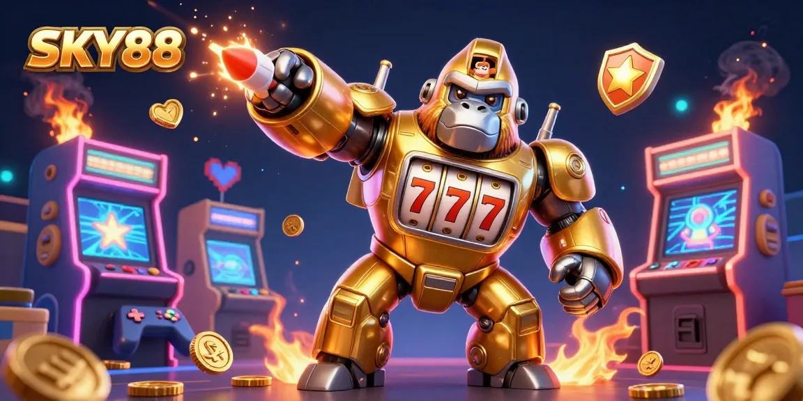 Engage in thrilling gaming action with SKY88's vibrant 3D casino illustration featuring a golden gorilla mech and exciting elements.