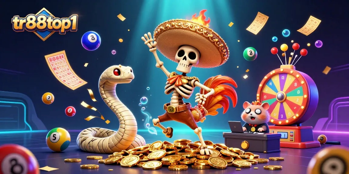Experience the excitement of tr88top1 with vibrant casino elements in this dynamic illustration.