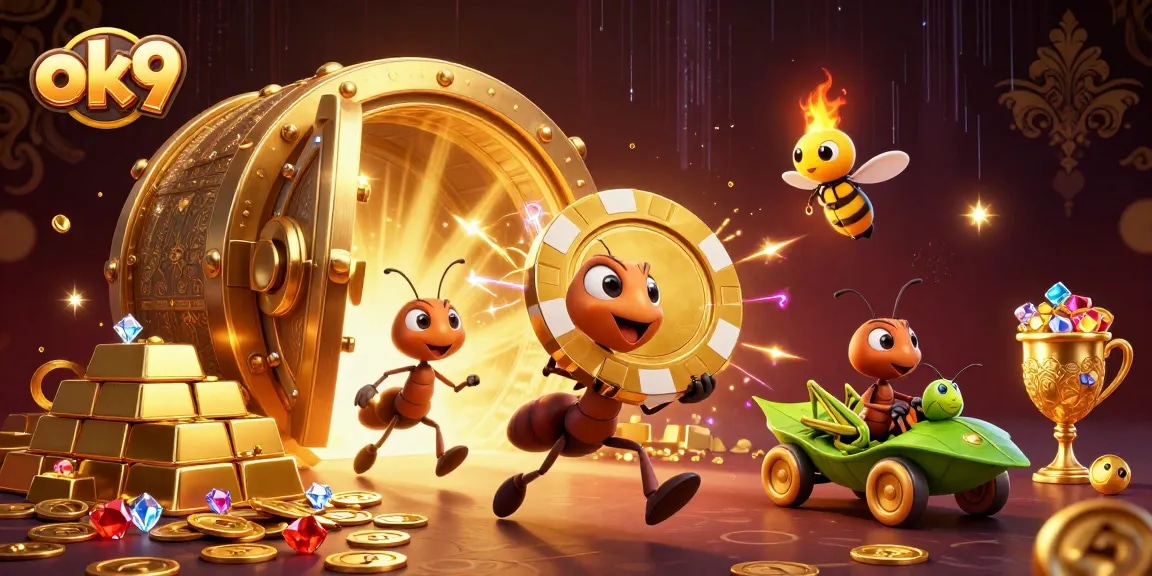 Engage in thrilling gameplay at ok9 with a dynamic heist scene featuring ants and rich casino elements.