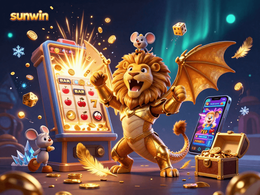 Spin the reels with sunwin's dazzling casino scene featuring a triumphant chimera and explosive jackpot!