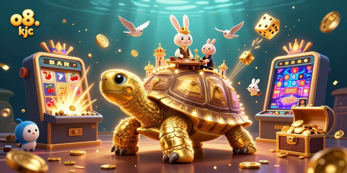 Experience the excitement of o8 kjc with a vibrant digital casino illustration featuring golden slots and animated characters.
