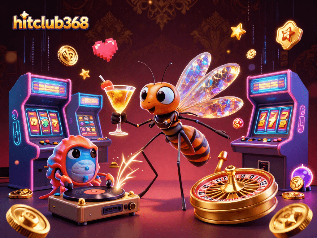 Experience fun at hitclub368 with vibrant 3D casino characters celebrating with gold gaming elements.