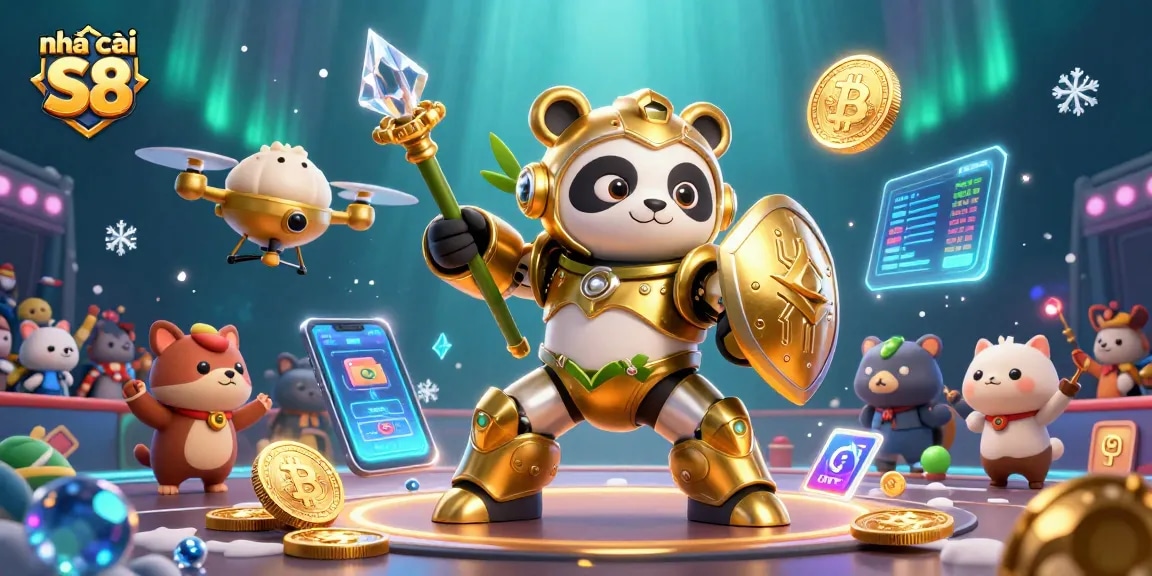 Experience the thrilling action at nhà cái S8 with a dynamic mech-suit panda in an exhilarating casino scene.