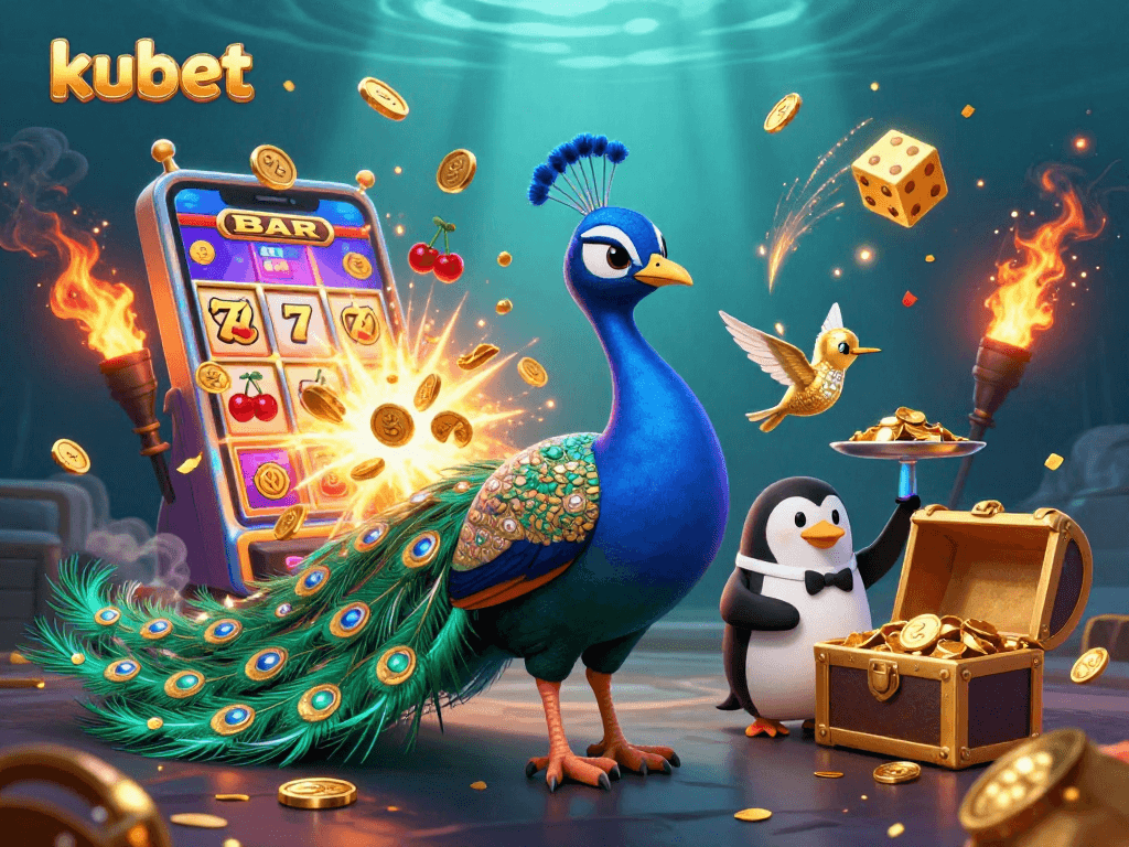 Kubet winnings explode in a vibrant 3D illustration with jackpot slots and dynamic characters.