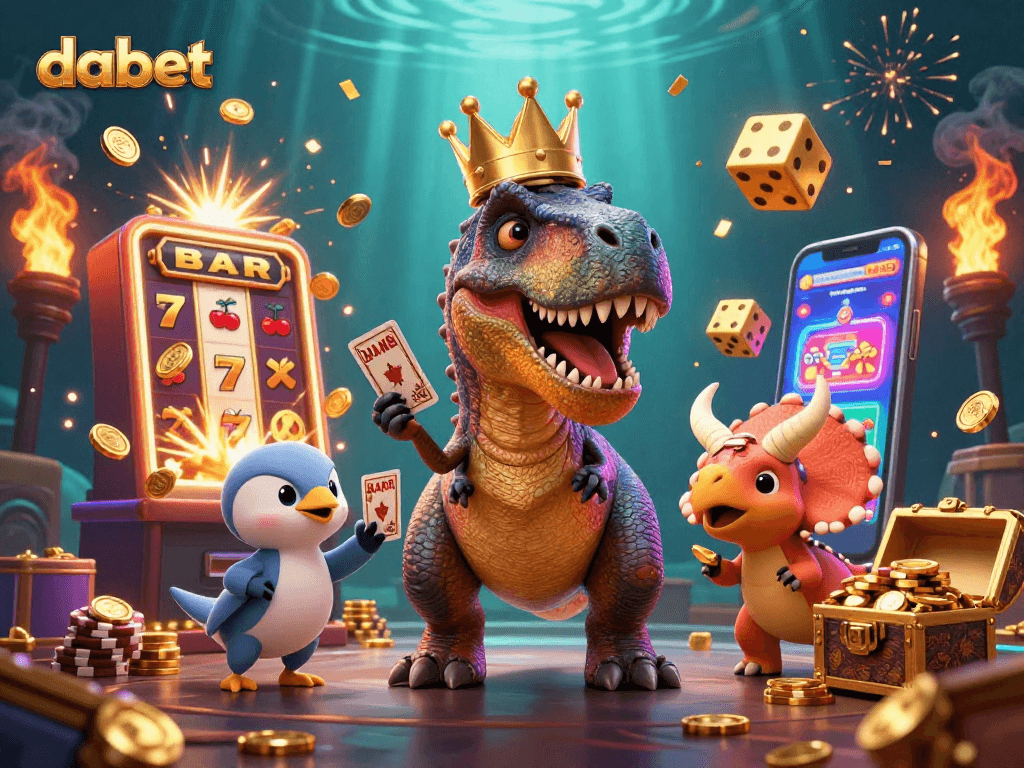 Dabet delights with a friendly dinosaur casino scene showcasing exciting slots and playful characters.