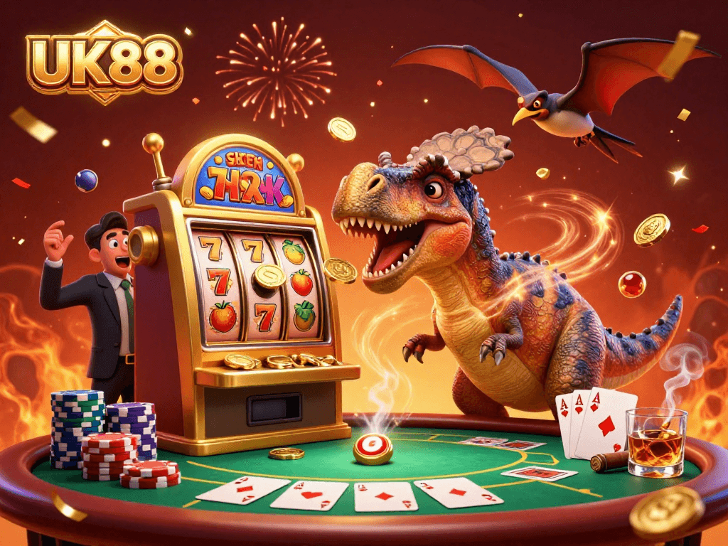 Play to win at UK88 with a pachycephalosaurus celebrating jackpot wins at a slot machine.