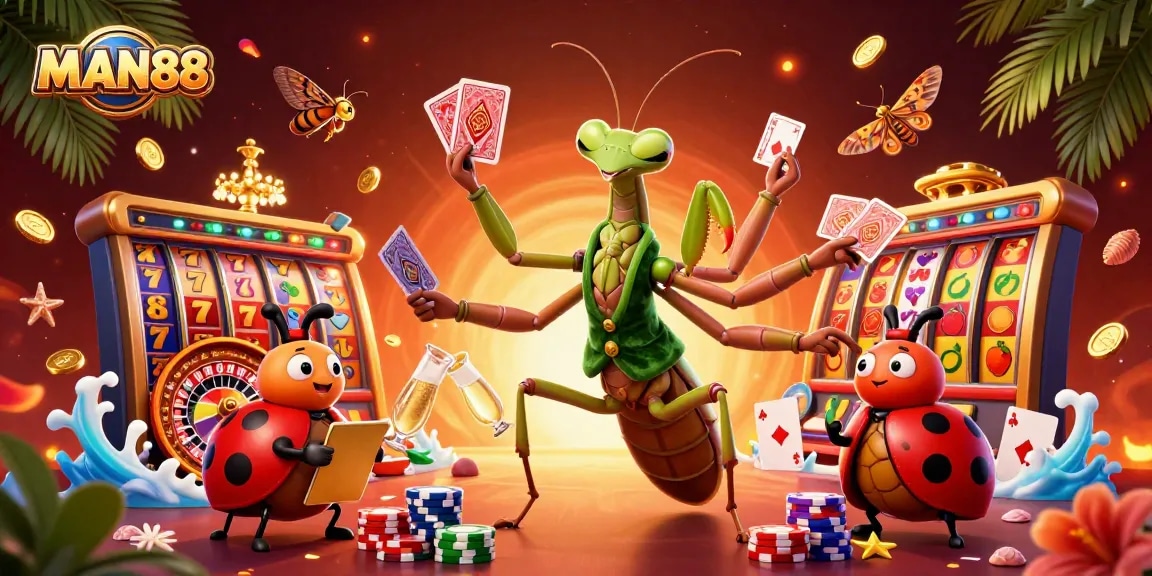 Experience thrilling wins with MAN88 in this vibrant 3D casino scene full of action.