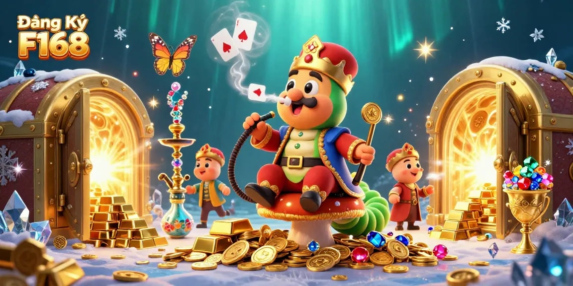 Engage in Đăng Ký F168 with a vibrant casino scene, showcasing a magical caterpillar master.