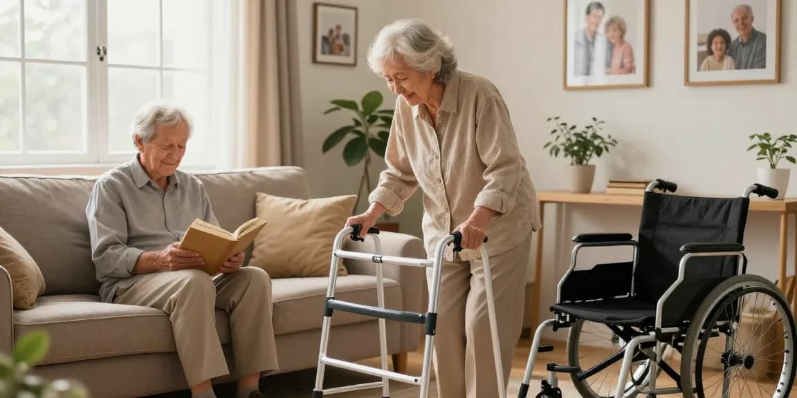 Buy nobility aids in a cozy living room setting; elderly couple sharing quality time with mobility aids nearby.