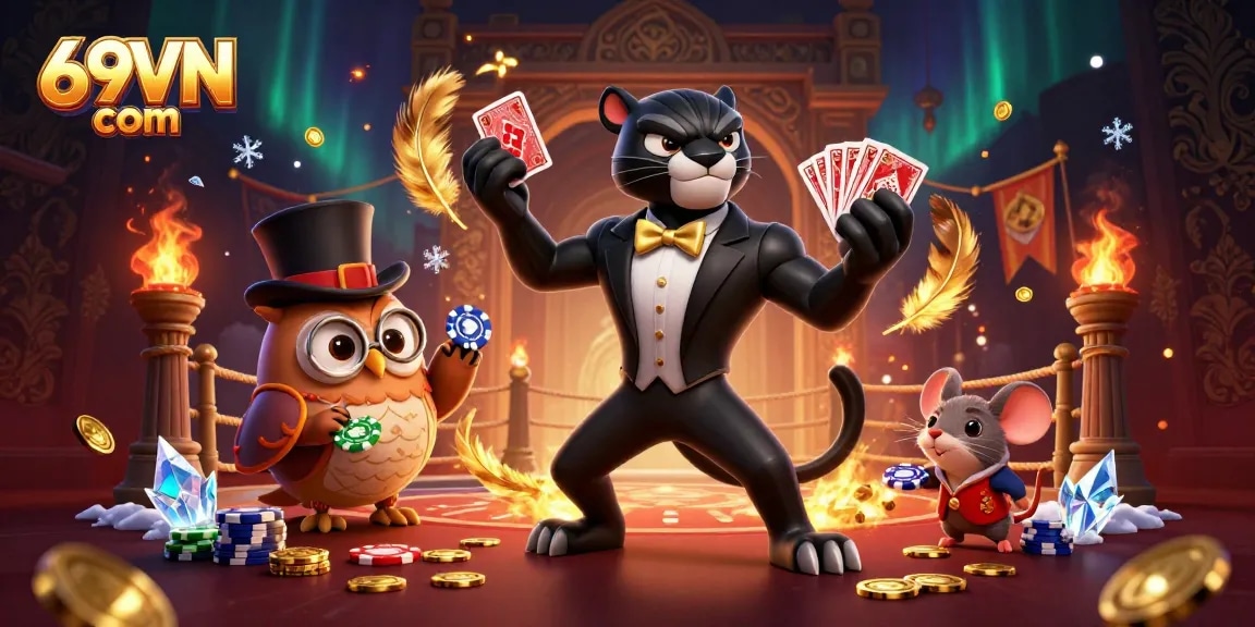 Experience the thrill of 69VN com with a stylish black panther dealer and playful casino elements.