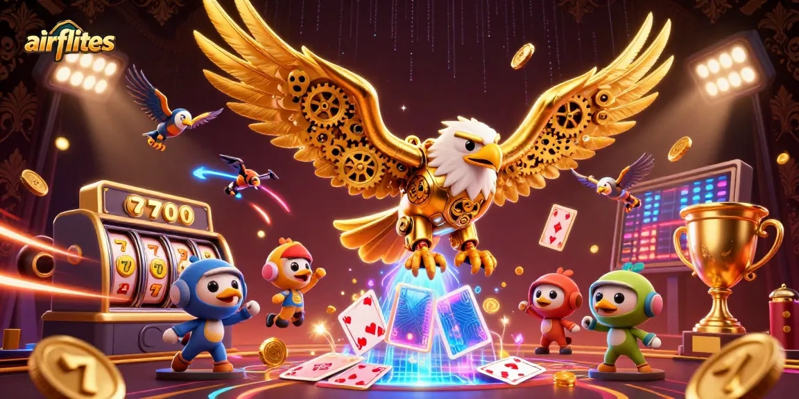 Experience thrilling casino action with airflites while the golden eagle dives through vibrant slot reels and holographic cards.