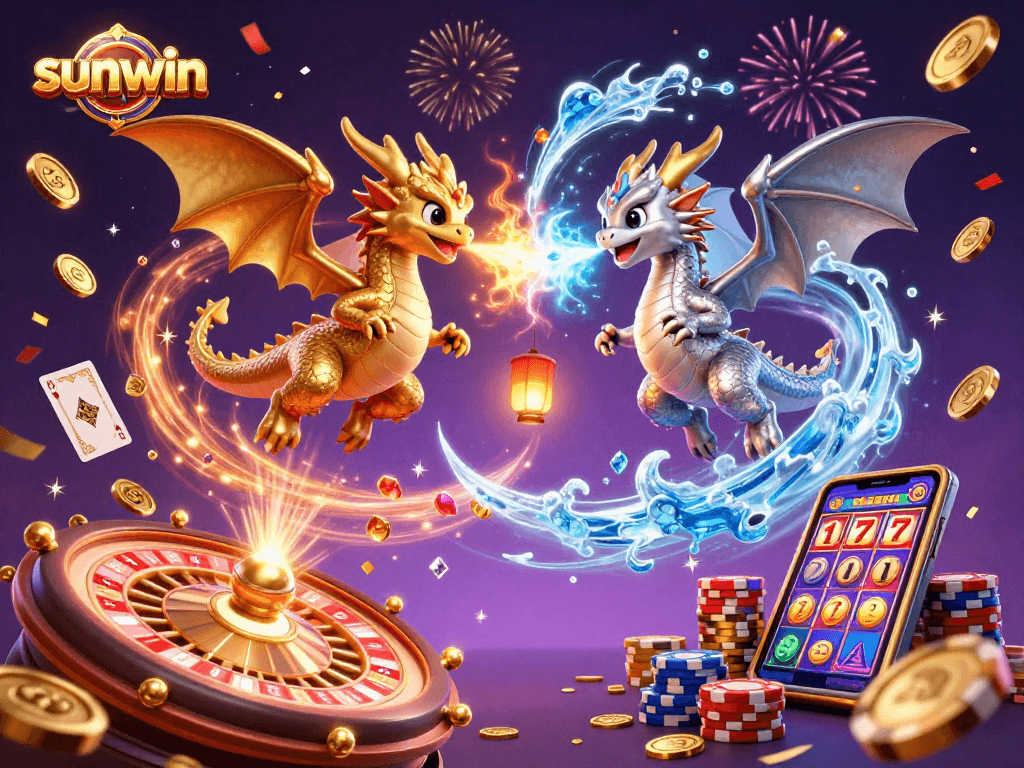 Experience the excitement of sunwin with gaming dragons, coins, and a vibrant casino scene.