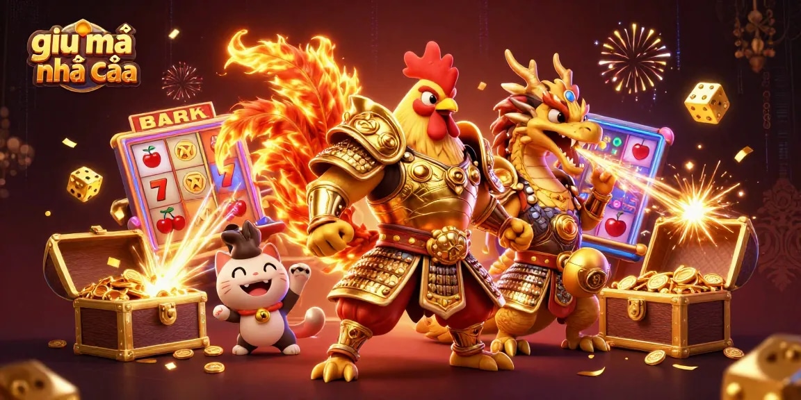 Experience thrilling gameplay with the vibrant scene illustrating giải mã nhà cái alongside slots and riches.