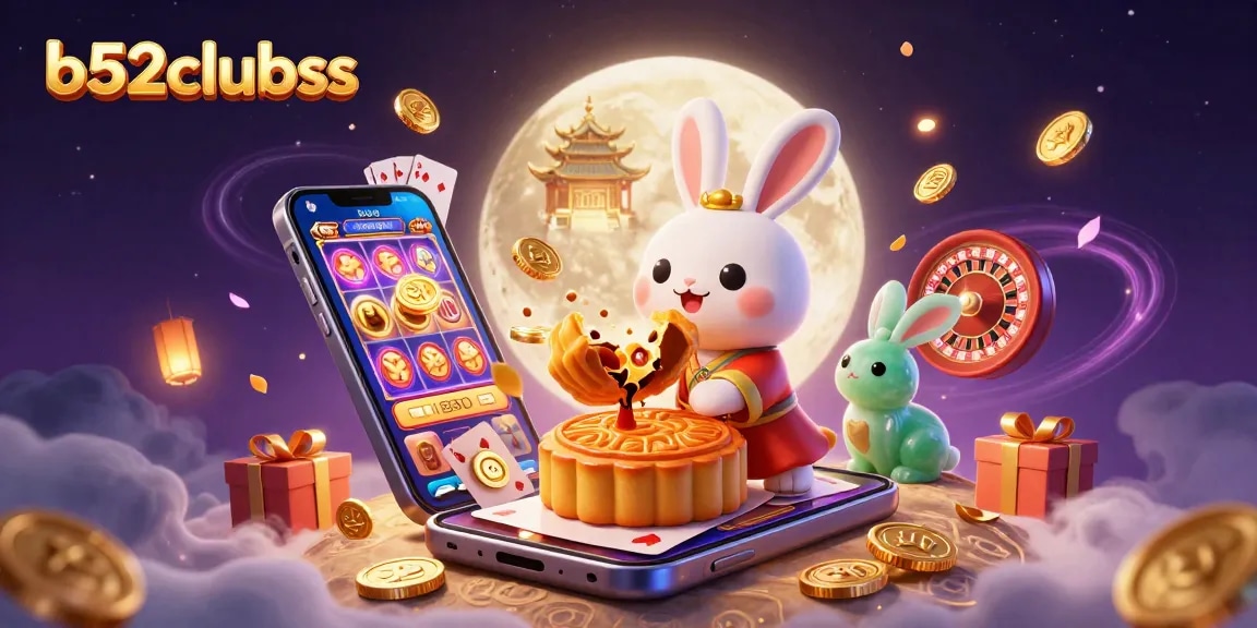 Play exciting games at b52clubss with a dazzling 3D illustration of casino elements and festive characters.