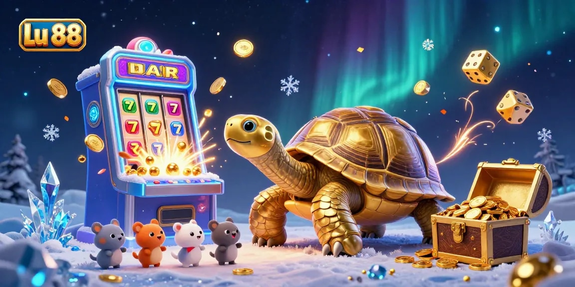 Engage with Lu 88's vibrant 3D casino scene, featuring a golden tortoise pinball machine and an exploding slot machine jackpot.