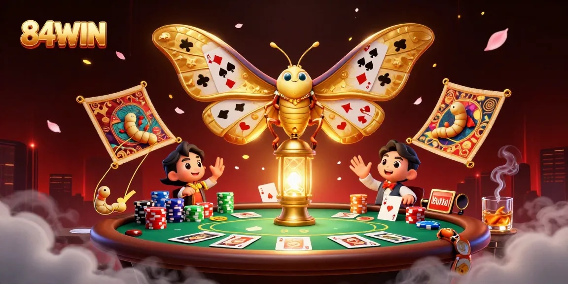 Experience thrilling gameplay at 84WIN with vibrant card suits and glowing casino scenes.