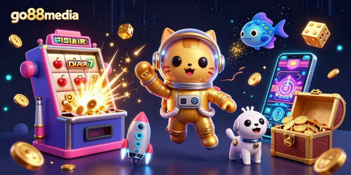 Experience excitement with go88media's cosmic-themed casino adventure featuring a playful cat and robot dog.