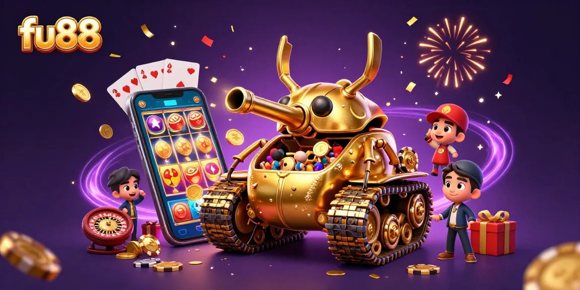 Engage with fu88's thrilling casino action, featuring a golden tank casino bursting with exciting game elements.