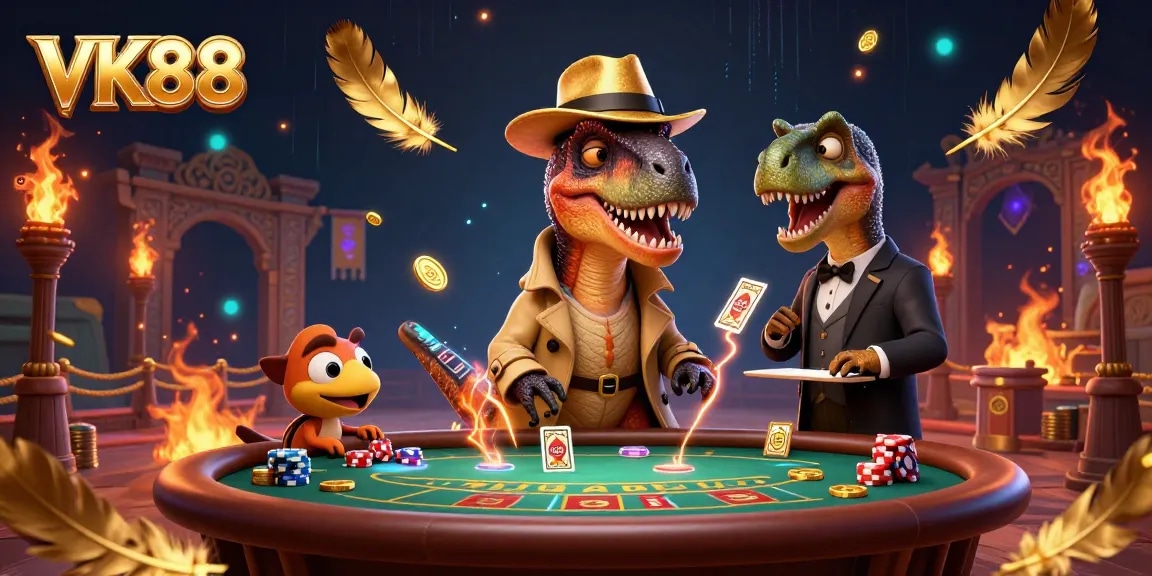 Engage in thrilling casino action with VK88 as a velociraptor card counter and companions at the blackjack table.