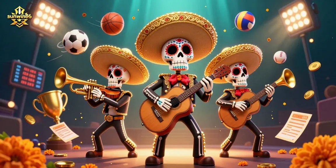 Engage with the vibrant sunwin86 casino scene featuring a mariachi band surrounded by dynamic gaming elements.