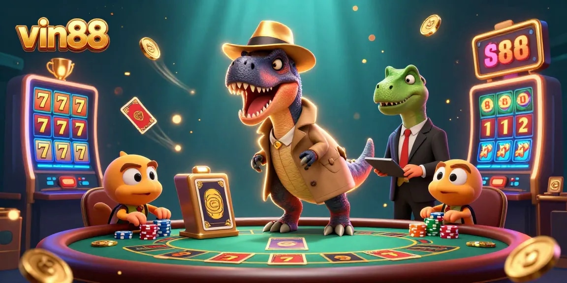 vin88 offers a dynamic casino experience with a velociraptor card counter and stegosaurus pit boss at a blackjack table.