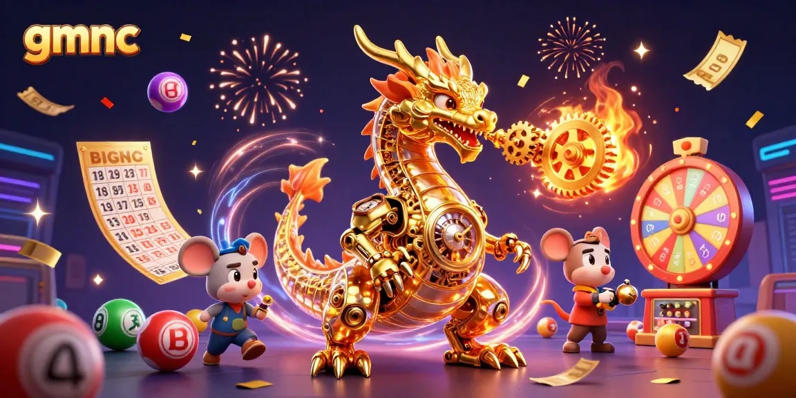 Play exciting gmnc games with the vibrant dragon and engineer amid colorful lottery elements.