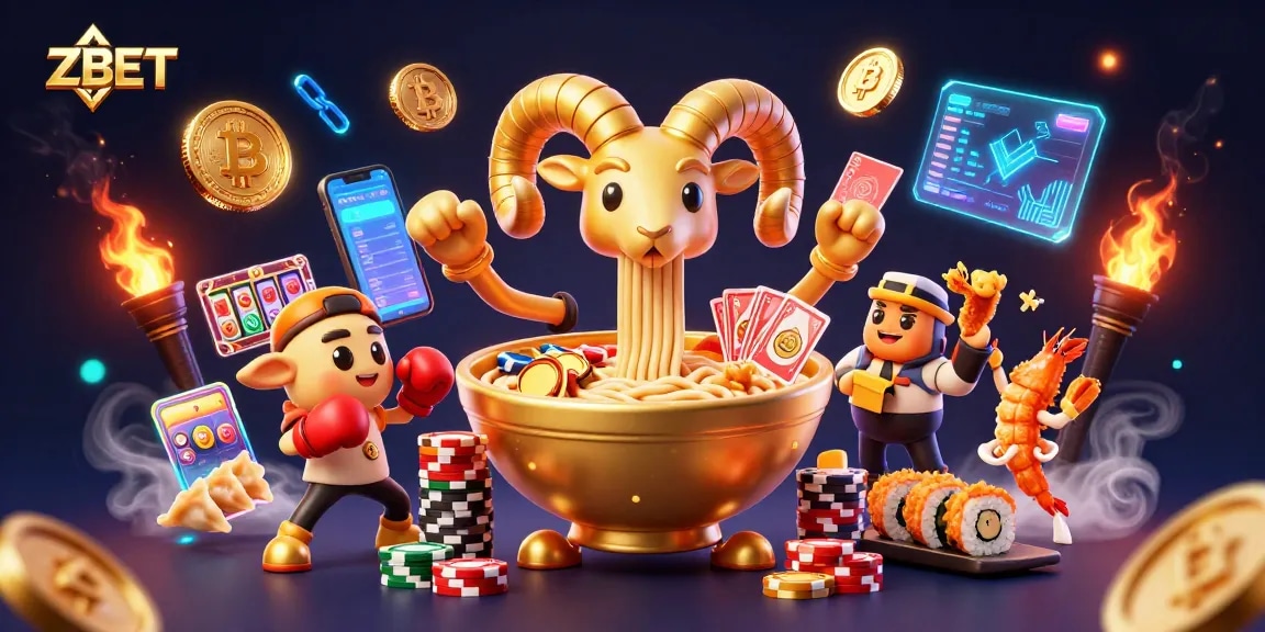 ZBET illustrates vibrant online casino excitement with characters, games, and crypto elements.