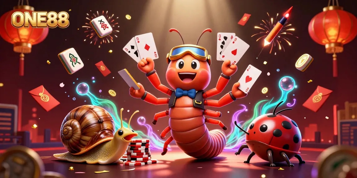 Experience the excitement of ONE88 with a dynamic casino scene featuring card-playing millipede dealers and high-rolling snails.