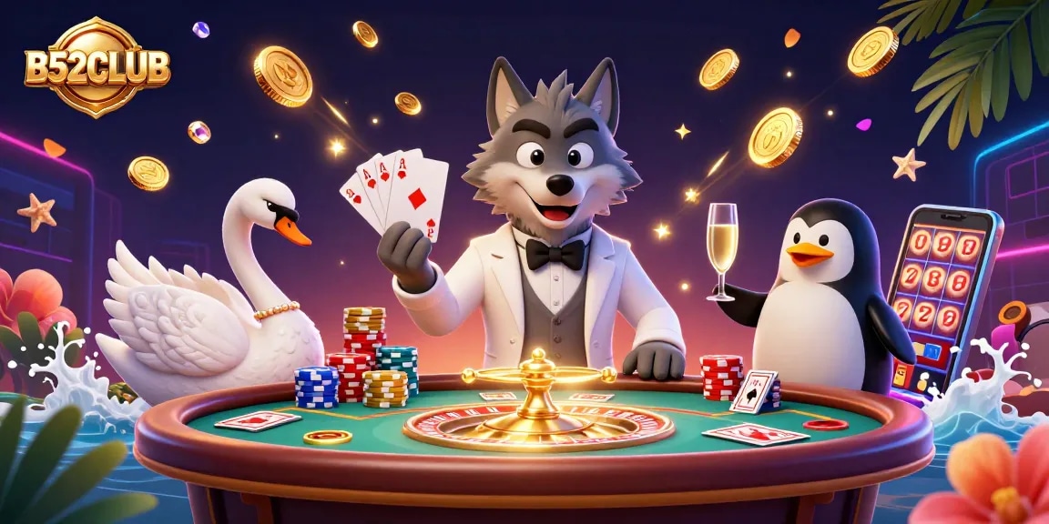 Experience the exciting world of B52CLUB featuring a debonair wolf, elegant swan, and sophisticated penguin at a baccarat table.
