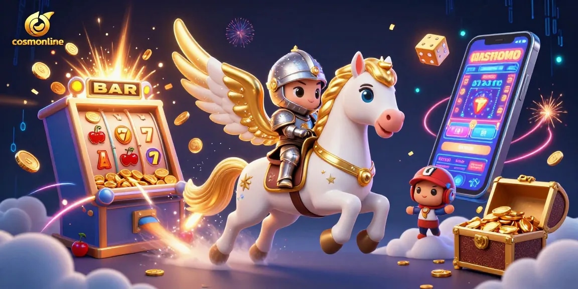 cosmonline presents an engaging scene of a celestial horse and knight with casino elements like slot machines
