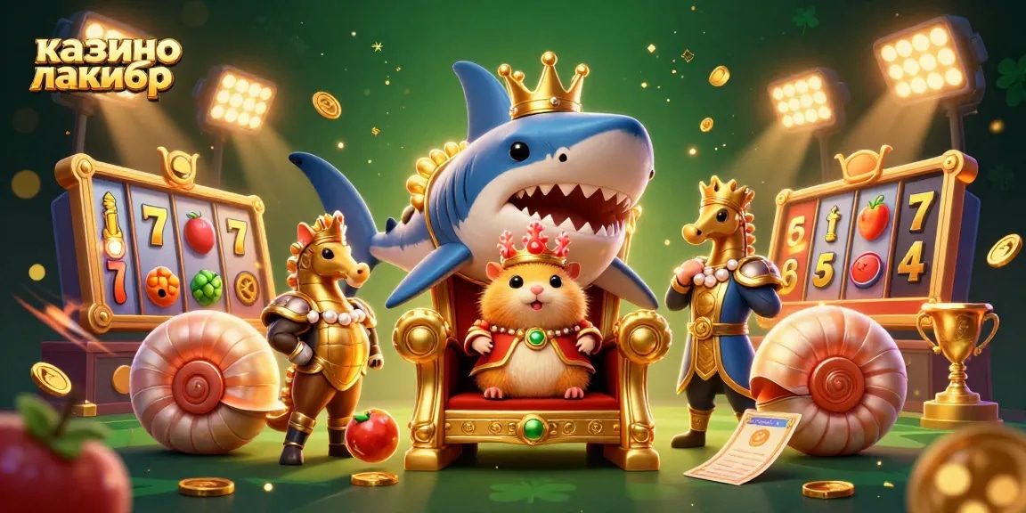 This colorful illustration showcases казино лакибир featuring a golden hamster king, seahorse guards, and slot game elements.