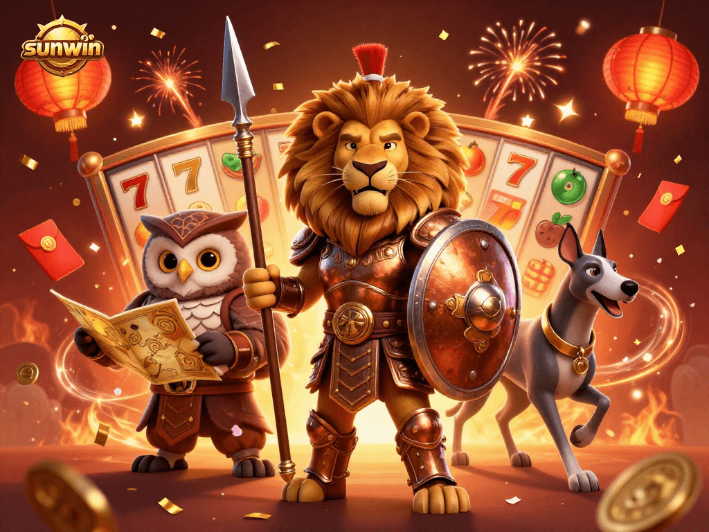 Experience the thrill of sunwin as a Spartan lion heroically stands with an owl and greyhound amidst dynamic casino elements.