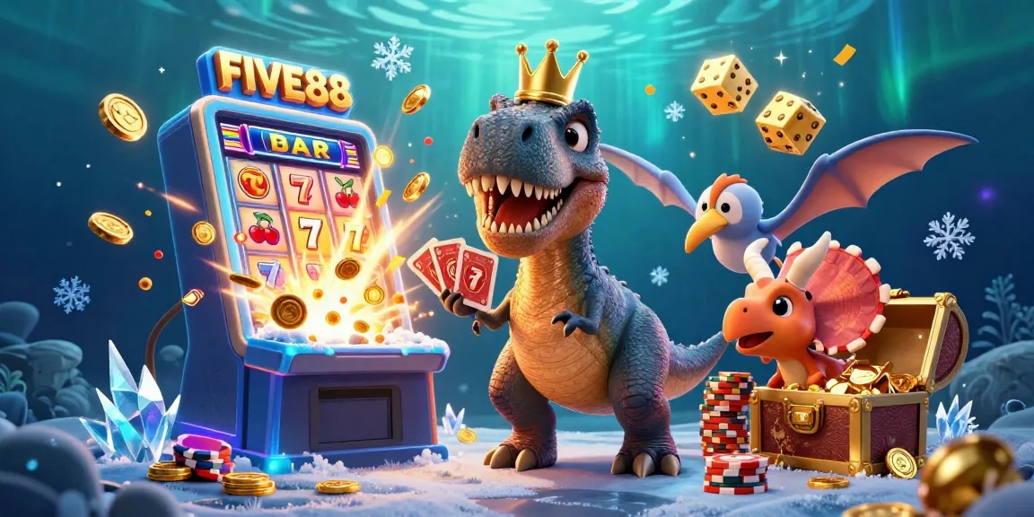 Engage thrillingly with FIVE88's vibrant 3D casino scene featuring T-Rex card shuffling excitement and jackpot elements.