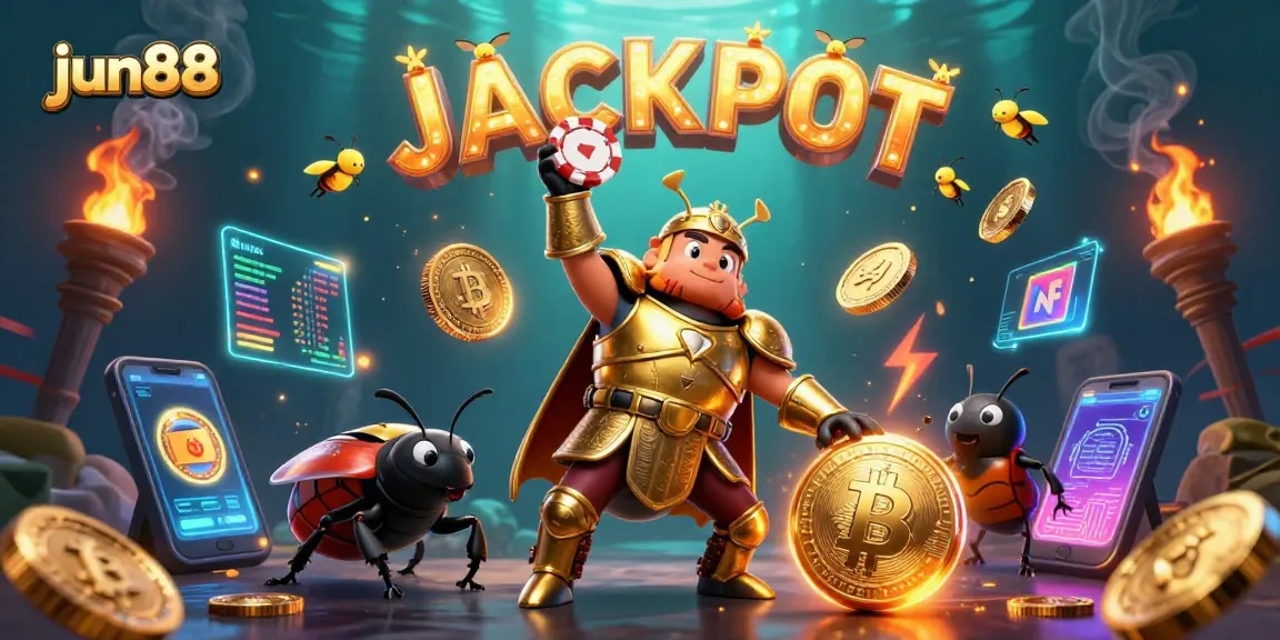 jun88 showcases a victorious beetle lifting a poker chip amidst vibrant casino elements.