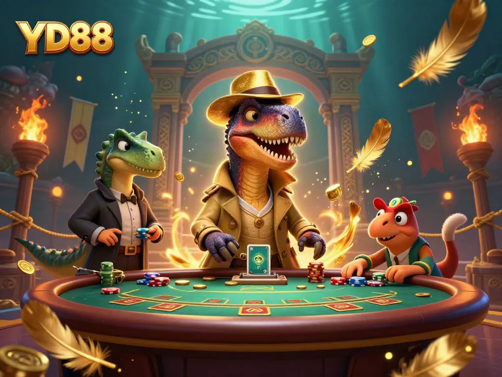 YD88 velociraptor card counter tries to blend in at a blackjack table amidst vibrant gaming chaos.