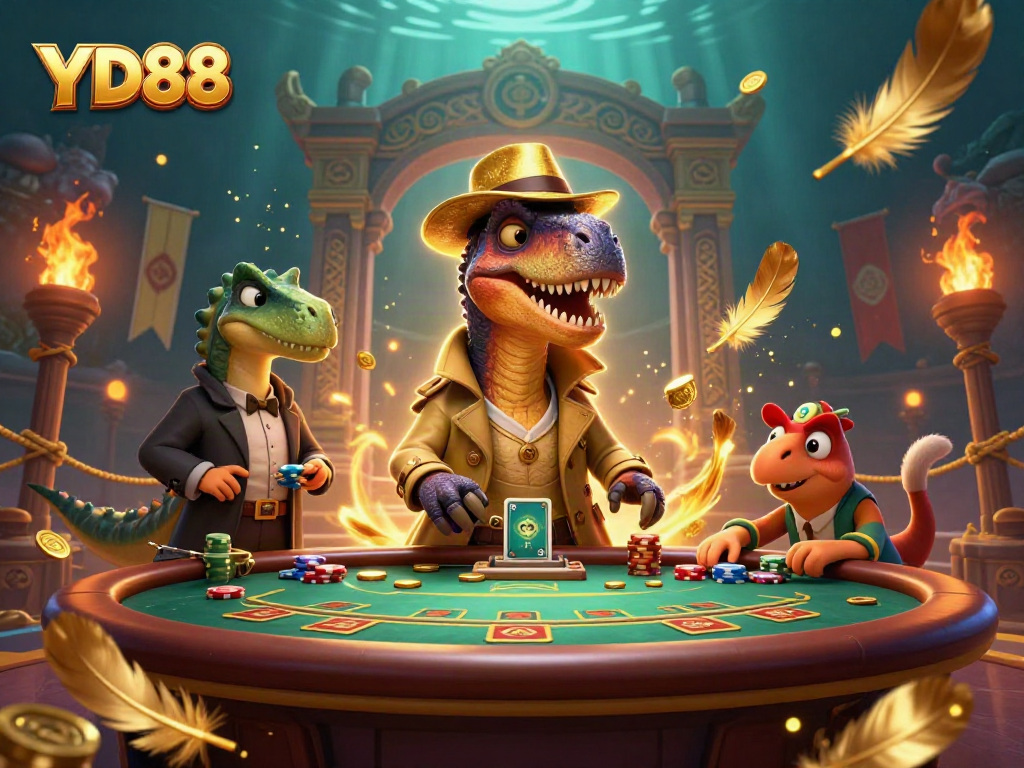 YD88 velociraptor card counter tries to blend in at a blackjack table amidst vibrant gaming chaos.