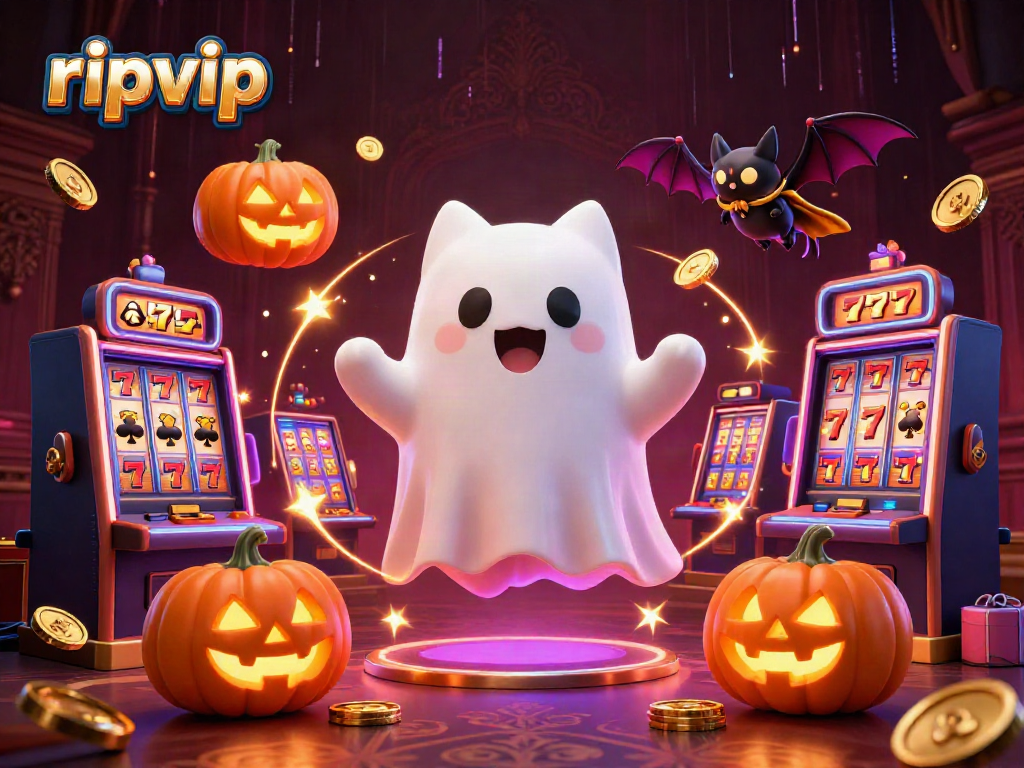 Engage with the vibrant ripvip gaming scene featuring a friendly ghost cat and vampire bat in a haunted casino.