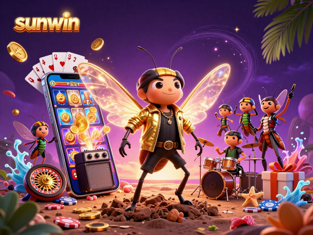 Spin to win with sunwin featuring a cicada rock star and vibrant casino elements in 3D.