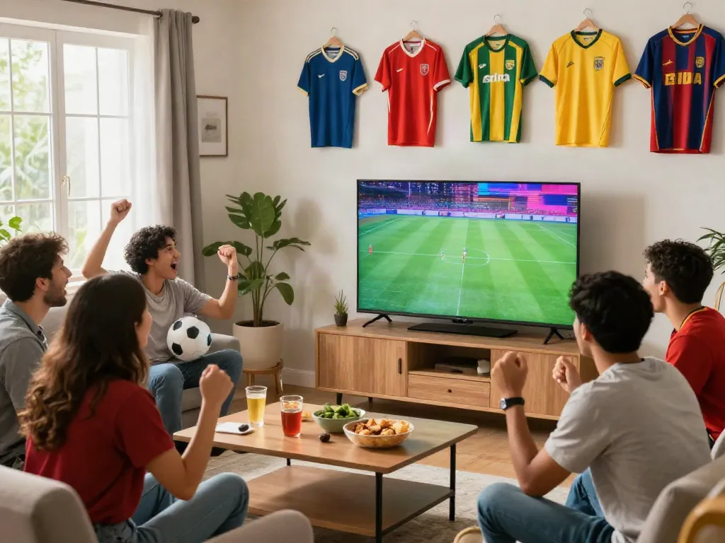 Cà khịa tv viewership scene with friends cheering for football, snacks ready for action.